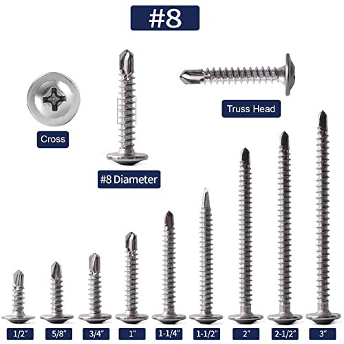 #8 x 2-1/2" Sheet Metal Screws 100PCS 410 Stainless Steel Truss Head Fast Self Tapping Screws by SG TZH - color: Silver, size: #8 x 2-1/2"