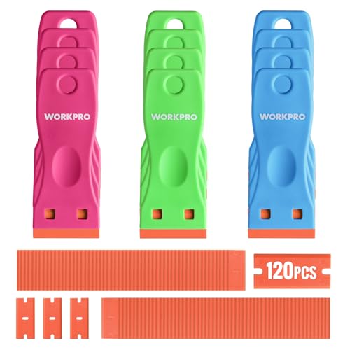 WORKPRO Plastic Razor Blade Scraper Kit, 12 Scrapers with 120 Blades - size: 12 Pack + 120 Blades