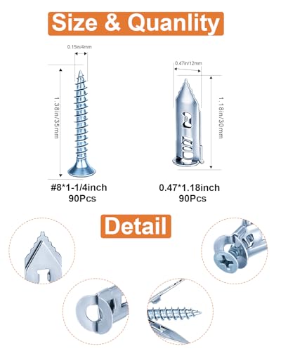 Self Drilling Drywall Anchors with Screws for Shelf, Mirror,Picture Frames - color: Silver-180Pcs-35mm