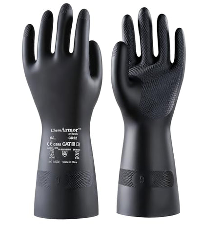 AnTools 2 Pairs Heavy-Duty Chemical Resistant Rubber Gloves, Protective Industrial Gloves for Cleaning, Dishwashing, Resist Acid, Alkali, Hazmat, Black, Large