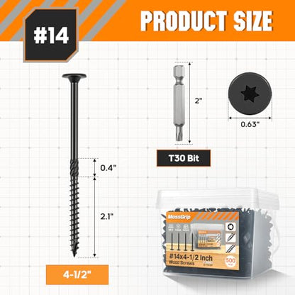 #14 x 4-1/2" Lag Screws 500Pcs - Structural Screw for Outdoor Wood, Furniture, Deck & Framing, Black Wood Screws, Rust Resistant, Includes T30 Star Bit & Gloves - size: #14x4-1/2in 500pcs