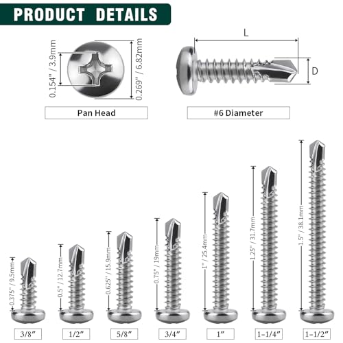 #6 x 1-1/4" Pan Head Self Drilling Screws, Phillips Drive, 410 Stainless Steel Sheet Metal Screws,Self Tapping, Dovetail, Pack of 100 - size: #6 x 1-1/4"