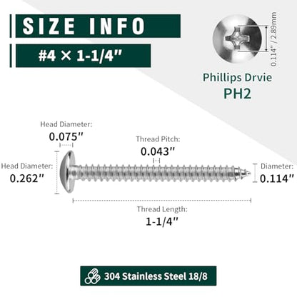 #4 x 1-1/4" Truss Head Wood Screw, Phillips Truss Head Self Tapping Sheet Metal Tek Screw, 18-8 Stainless Steel 304, Brgiht Finish, 100 PCS - size: #4 x 1-1/4"