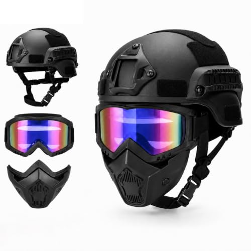 MICH Airsoft Helmet and Full Face Mask, with Side Rails and NVG Fixing Device Suitable for CS Gaming and Paintball Shooting - color: BL