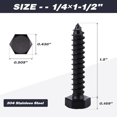 20-Sets 1/4 x 1-1/2" Hex Lag Screws and 1/4" ID Flat Washers, 304 Stainless Steel 18/8, Black Coated, Heavy Duty Wood Screws for Deck/Fence/Floor, by AOESIN - size: 1/4 x 1-1/2"