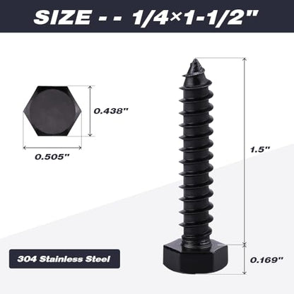 20-Sets 1/4 x 1-1/2" Hex Lag Screws and 1/4" ID Flat Washers, 304 Stainless Steel 18/8, Black Coated, Heavy Duty Wood Screws for Deck/Fence/Floor, by AOESIN - size: 1/4 x 1-1/2"
