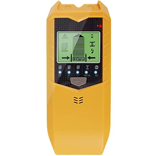 Stud Finder Wall Scanner, 5 in 1 Electronic Stud Sensor, Metal Detector Wall Scanner, Wall Wood Detector Scanner with LCD Display & Audio Alarm for Wood Metal Pipe Studs AC Wire Detection (Yellow)