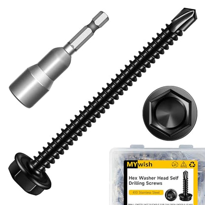 Mywish 50pcs #8 x 2 Self Drilling Screws for Metal, 410 Stainless Steel Hex Washer Head Self Drilling Screws, Black Oxided Self Tapping Sheet Metal Tek Screw Fast Tapping - size: #8x2"(50pcs)