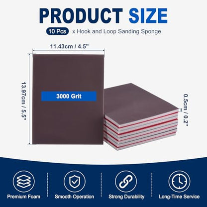 10Pcs 3000Grit Sanding Sponges, 5.5x4.5In Hook & Loop Black - size: 3000 Grit