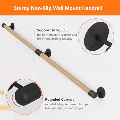 6FT Round Wooden Stair Handrail Wall Mount - size: 6 Feet