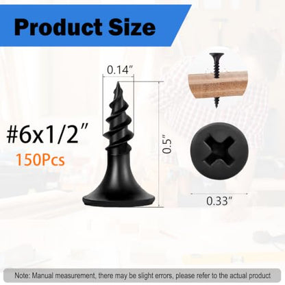 150Pcs Self-Tapping Black Wood Screws with Driver Bit, #6 x 1/2" - size: #6x1/2"