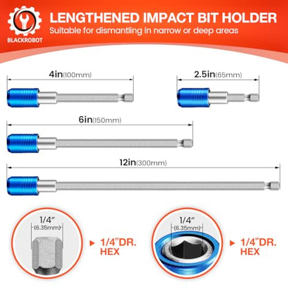 BLACKROBOT 8-Piece Drill Bit Extension Set, Magnetic Quick Change Impact Bit Holder in 2.5", 4", 6", 12" Sizes, for 1/4" Hex Drives, CR-V Steel, Ideal for Screwdriver Bits, Nuts, Drills - size: 8-Piece