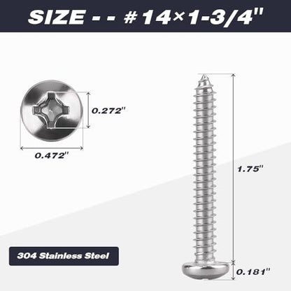 #14 x 1-3/4" Phillips Pan Head Sheet Metal Screws 304 Stainless Steel 20Pcs - size: #14 x 1-3/4