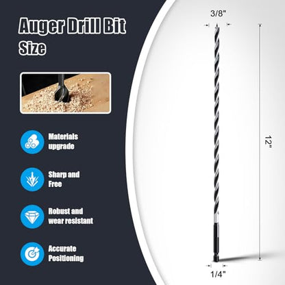 3/8" x 12" Auger Drill Bit for Wood,Hex Shank Tri Flute Drill Bit - size: 3/8"x12"
