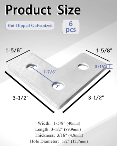 Hot-Dipped Galvanized L-Shaped Plate 3/16", 1-5/8" Strut, 3-Hole, 6-Pack