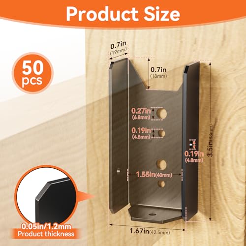 50 Pcs 2x4 Fence Brackets for Wood Black - 18 Gauge Deck Railing Brackets for 2X4, Fb26 Fence Brackets, Deck Railing Connectors 2x4 - color: 50 Pcs