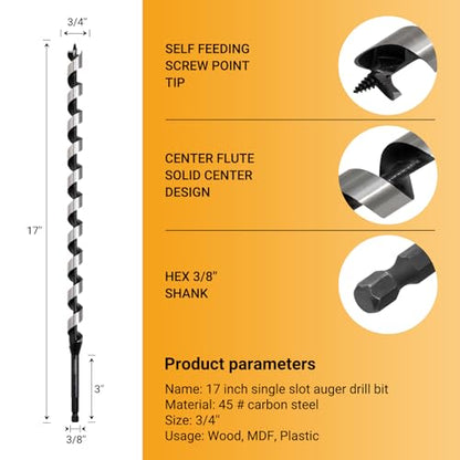 3/4" x 17" Auger Drill Bit, 3/8" Hex Shank - size: 3/4" x 17"