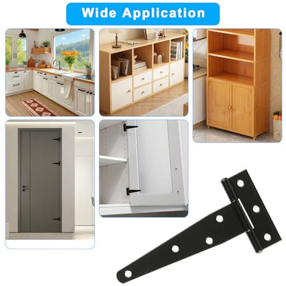 T-Strap Gate Hinges, 6 Pcs 5 Inch T Hinges Shed Door Hinges, Heavy Duty Black Outdoor Tee Hinge for Wooden Fences, Gate Door Hinges, Barn Door Gates Hinges for Shed Door Hardware Hinges