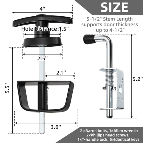 WRINGKIT Shed Door Latch Kit, T-Handle Lock with 5 Keys and 2 Spring Loaded Latches, 5-1/2" Stem Shed Door Hardware Lock for Storage Barn, Gates, Rvs, Chicken Coops, Garages, Playhouses (Pack of 2) - size: 5-1/2 Inch Stem (Pack of 2)