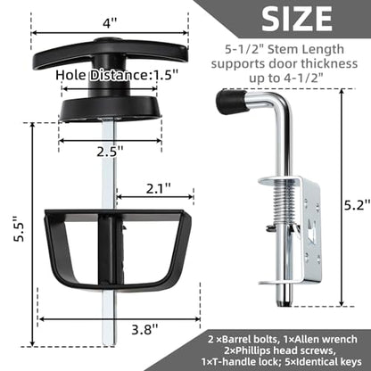 WRINGKIT Shed Door Latch Kit, T-Handle Lock with 5 Keys and 2 Spring Loaded Latches, 5-1/2" Stem Shed Door Hardware Lock for Storage Barn, Gates, Rvs, Chicken Coops, Garages, Playhouses (Pack of 2) - size: 5-1/2 Inch Stem (Pack of 2)