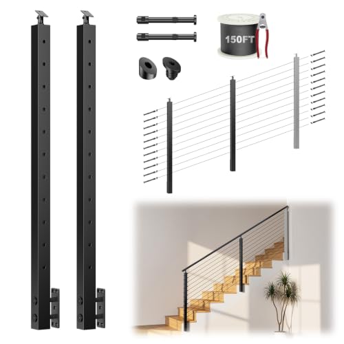 BLIKA 4FT-12FT Complete Set 36" Side Mount Stair Cable Railing Post - color: Side Mount Stair Kit (4–12FT, 150FT Cable)