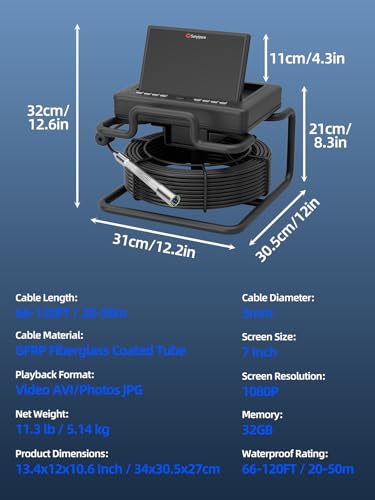 Sanyipace Sewer Camera,7" IPS Pop-up Screen,Distance Counter,20X Zoom,66FT - size: 66FT/20M