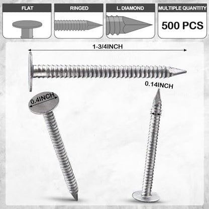 Tandefio 500 Pcs Aluminum Roofing Nails 1-3/4 Inch Aluminum Siding Rustproof Cap Nails to Fasten Asphalt Shingles Roofing Felt Insulation Board Wood Decking Fascia - size: 1-3/4 Inch