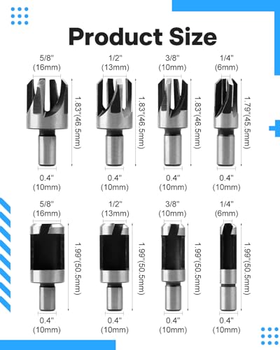8-Piece Wood Plug Cutter Set, Straight & Tapered, 1/4-5/8 in - style: Round Shank