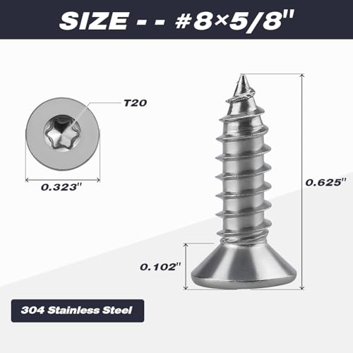 #8 x 5/8" Torx Flat Head Sheet Metal Screws, 304 Stainless Steel Countersunk Head Self Tapping Screws, Pack of 100 with Torx Bit - size: #8 x 5/8