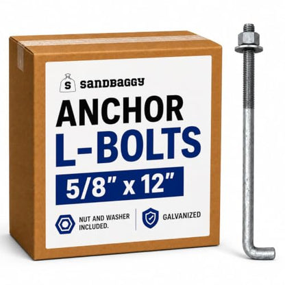 Sandbaggy 5/8" x 12" Threaded Concrete Anchor L-Bolts (Nuts & Washers Included) - Hot Dipped Galvanized - Sill Plate, Base Plate, Masonry, Wood, Cement Anchors, J Bolt (10, 5/8” x 12”) - size: 5/8” x 12”