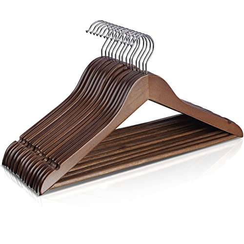 Wooden Hangers 10 Pack,Heavy Duty Wood Coat Hangers,with 360-degree Hook，Smooth Finish Wooden Clothes Hangers with Non Slip Pants Bar, Sturdy Clothes Hangers for Shirts,Suit（Walnut） - color: Walunt