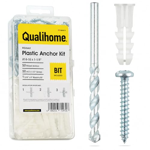 Qualihome Drywall Anchors and Screws Kit with Drill Bit – 50 Anchors & 50 Screws for Drywall, Plastic Wall Anchors for Picture Frames, Shelves, Mirrors, Ribbed Design (14-16 x 1-1/4") - size: 14–16 x 1” | 50 Pack + Bit