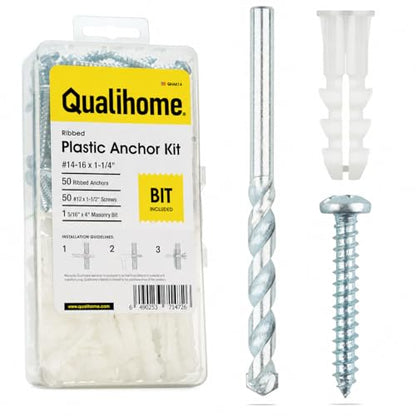 Qualihome Drywall Anchors and Screws Kit with Drill Bit – 50 Anchors & 50 Screws for Drywall, Plastic Wall Anchors for Picture Frames, Shelves, Mirrors, Ribbed Design (14-16 x 1-1/4") - size: 14–16 x 1” | 50 Pack + Bit