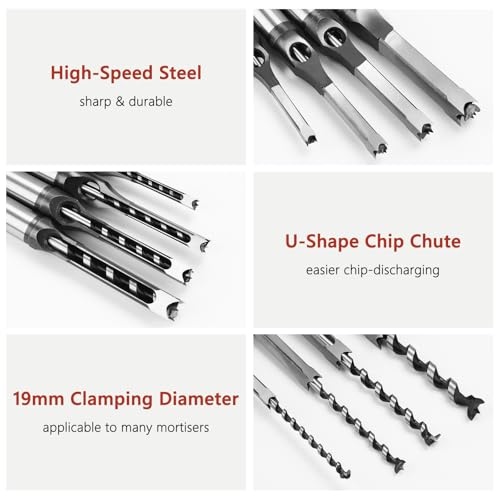 4 Pcs Mortise Chisel Set 1/4 5/16 3/8 1/2 Inch Square Hole Drill Bits for Mortiser Wood Mortising Chisel Drill Bit Hollow Chisel Mortise and Tenon Drill Tools