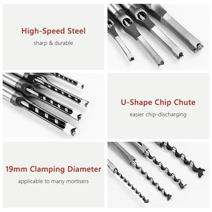 4 Pcs Mortise Chisel Set 1/4 5/16 3/8 1/2 Inch Square Hole Drill Bits for Mortiser Wood Mortising Chisel Drill Bit Hollow Chisel Mortise and Tenon Drill Tools