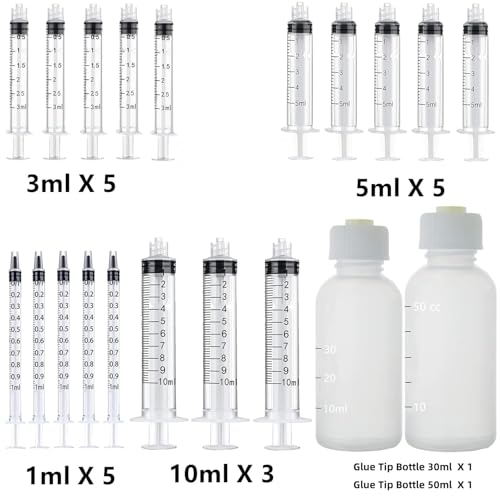20 Pack Dispenser and 30ml+50ml Glue Bottle, 1ml, 3ml, 5ml, 10ml Glue Dispenser, 14ga, 16ga, 18ga, 20ga, 22ga, 25ga Accessories and Caps, for Ink, Epoxy, Woodworking, Craft, Liquid Dispensing - size: 20 Pack - 1ml, 3ml, 5ml, 10ml, 30ml, 50ml