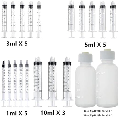 20 Pack Dispenser and 30ml+50ml Glue Bottle, 1ml, 3ml, 5ml, 10ml Glue Dispenser, 14ga, 16ga, 18ga, 20ga, 22ga, 25ga Accessories and Caps, for Ink, Epoxy, Woodworking, Craft, Liquid Dispensing - size: 20 Pack - 1ml, 3ml, 5ml, 10ml, 30ml, 50ml