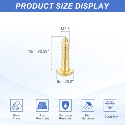 MECCANIXITY 35 Pcs Brass Screws, M2.5 x 10mm Solid Slotted Round Head Self-Tapping Wood Screw Fasteners for Woodworking Furniture Repair Photo Frame Drywall Home Appliances, Gold - size: M2.5 x 10mm