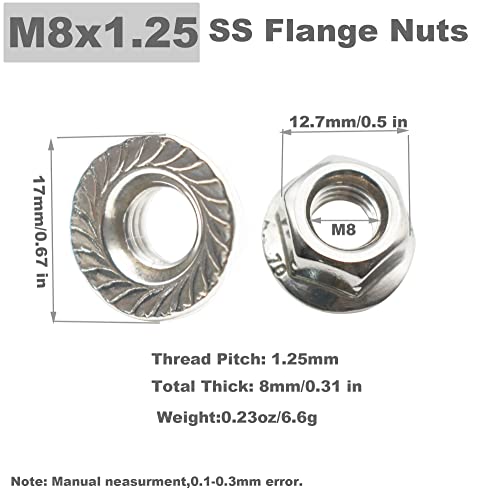 50 Pcs M8 Stainless Flange Nuts Thread Metric Washer Nuts Fastener - size: M8_1.25mm