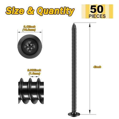 Mywish 50Pcs #10 × 4" Phillips Truss Head Wood Screws, Black Wood Screws 4 Inch, Quick Metal Self Tapping, Zinc Plated Steel, Truss Head Screws - color: Black, size: #10×4"