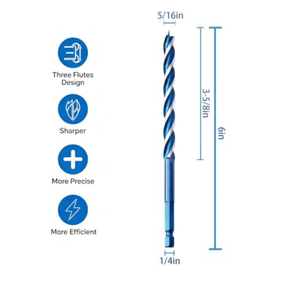 Auger Wood Drill Bit 5/16" x 6" x 2 Packs, Tri-Flute, 1/4 Inch Quick Change Hex Shank - size: 5/16" x 6" x 2Pcs
