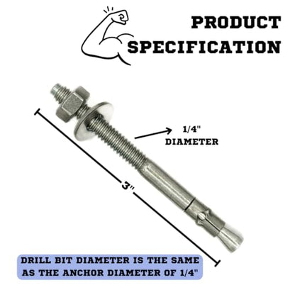 Mighty Fasteners 304 Stainless Steel Wedge Anchors 1/4" X 3" - 25 Pack - size: 1/4" X 3"