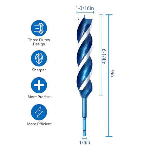 Auger Wood Drill Bit 1-3/16" x 9" x 1 Pack, Tri-Flute, 1/4 Inch Quick Change Hex Shank - size: 1-3/16" x 9" x 2Pcs