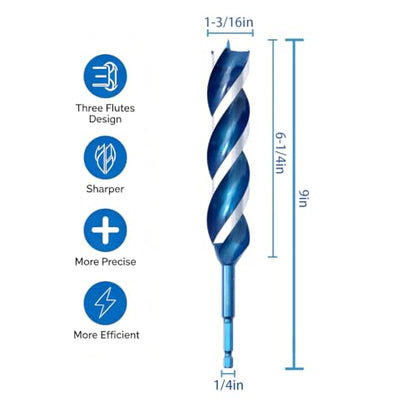 Auger Wood Drill Bit 1-3/16" x 9" x 1 Pack, Tri-Flute, 1/4 Inch Quick Change Hex Shank - size: 1-3/16" x 9" x 2Pcs