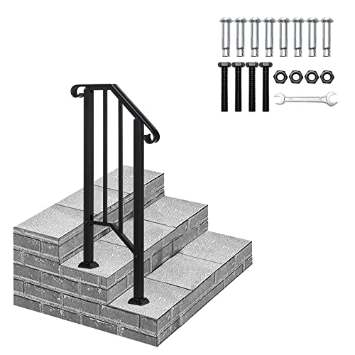 Outdoor Handrail for 1-2 Steps, Real Iron Step Railing with Stainless Mounts Powder Coated Safety Rail Garden Steps Heavy Duty Hand Rail for Entryway Matte Black