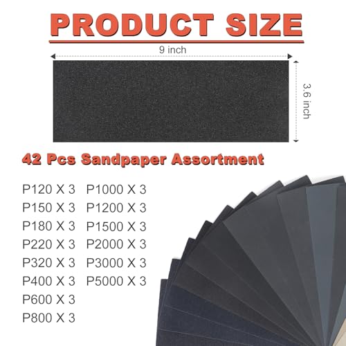 Wet Dry Sandpaper Sheets 9x3.6, 120-5000 Assorted Grit, 42Pcs