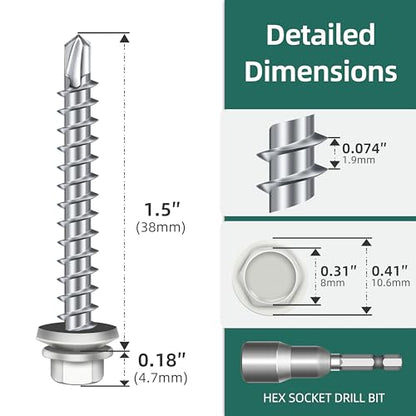 100-pack #10 x 1-1/2 Hex Head Self-Drilling Metal Roofing Screws with EPDM Washer, White Coated Wood Screws, Self Tapping Sheet Metal Roof Screws (Diamond Point) - color: White, size: #10 x 1-1/2"