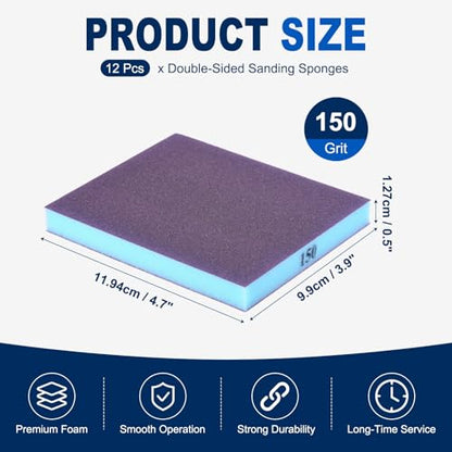 12Pcs 150Grit Double-Sided Sanding Sponges, Washable & Reusable - size: 150Grit
