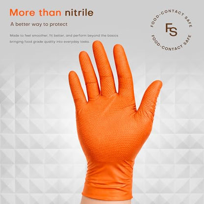 SUPER+ HEAVY DUTY Nitrile Gloves 8 Mil Diamond Texture Disposable Chemical Resistant Powder &Latex Free Food Safe Orange 50Ct - color: Large (Orange)