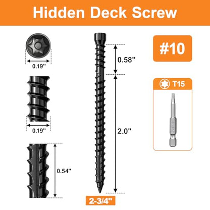 #10 x 2-3/4" Hidden Deck Screws, 750Pcs Star Drive Countersunk Wood Screws - size: #10 x 2-3/4